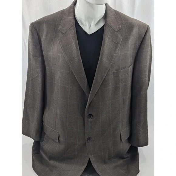 Jos. A Bank Blazer Coat Sport Jacket Silk Camel hair Window Pane 46R (22 Sleeve